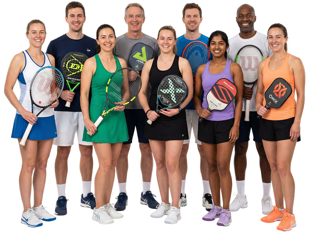 Tennis, pickleball, and padel players training with TopspinPro Academy