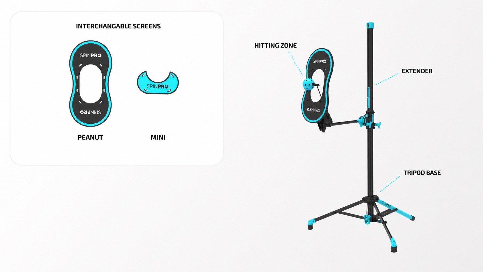 SpinPro for Pickleball box contents including interchangeable screens, hitting zone, extender, and tripod base